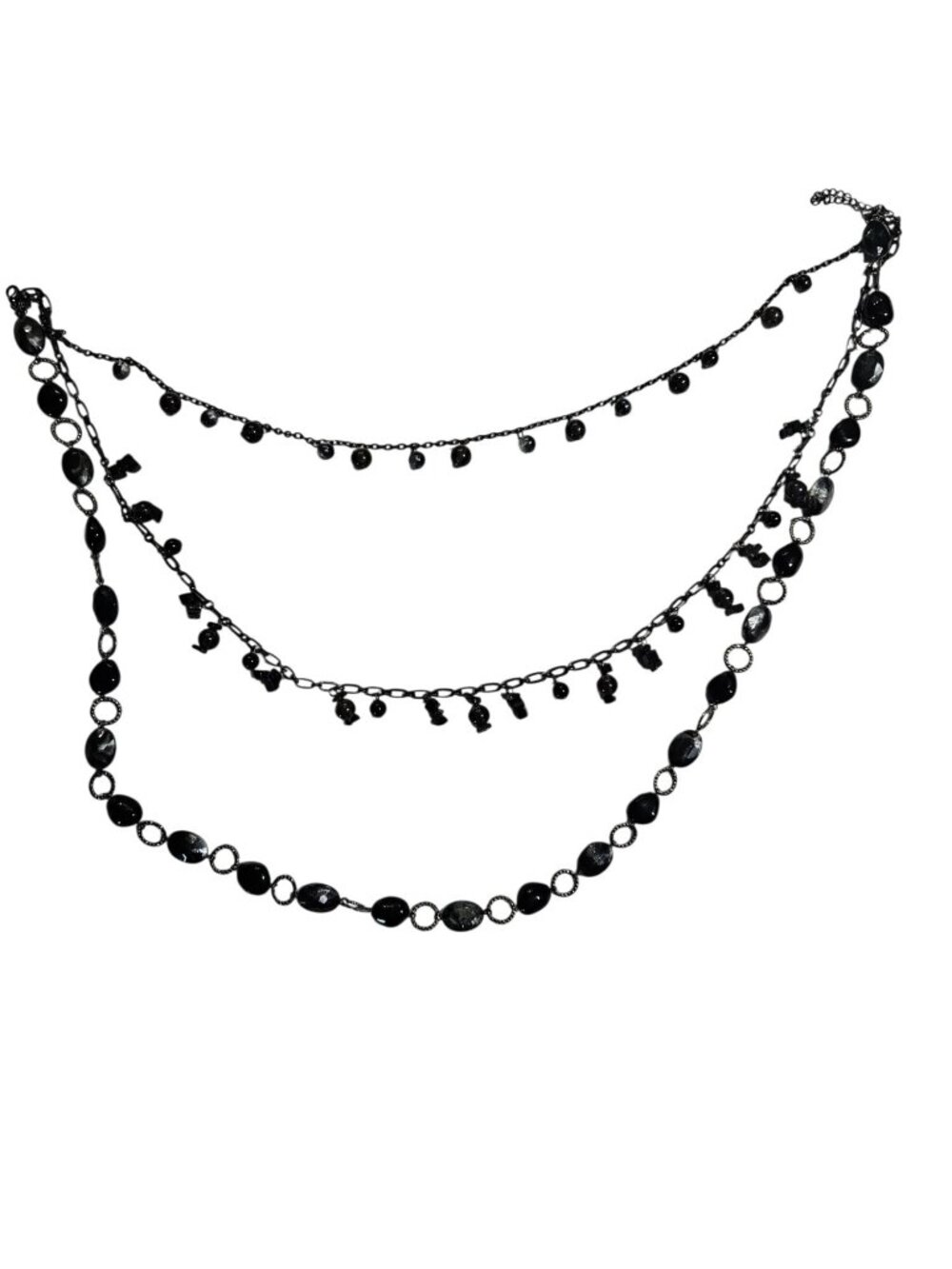 Black Plastic Beaded 3 Strand Silvertone Chain Necklace 20 inch 25 inch 30 inch